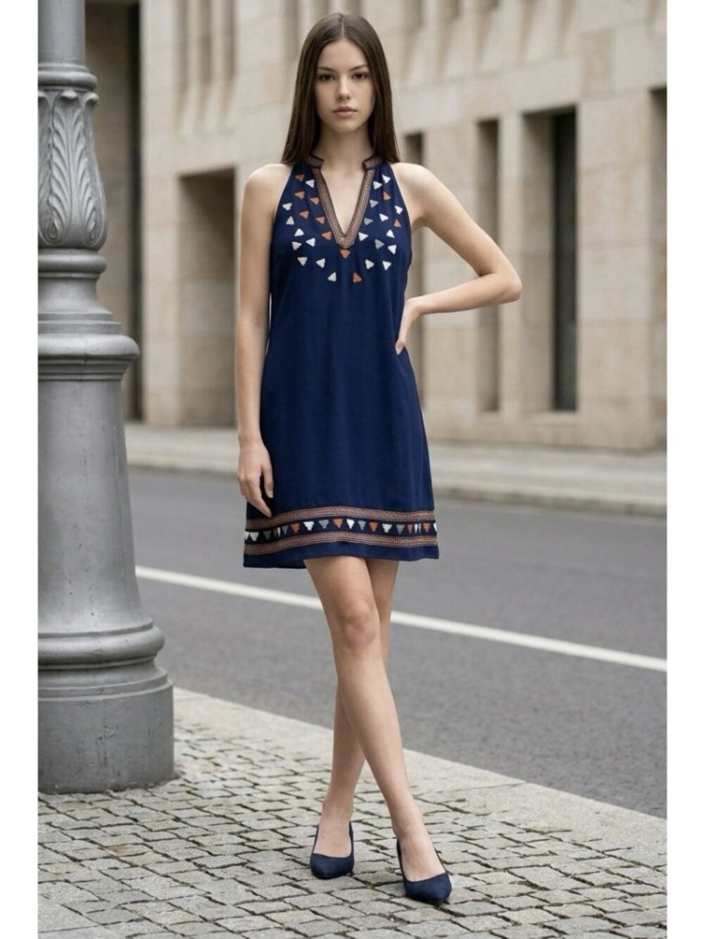 THML Boho Dress Embroidered Blue Shift Modern Folk Artsy